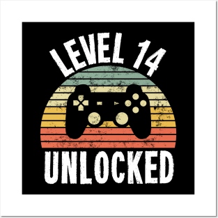 Level 14 Unlocked T-Shirt - 14th Birthday Gamer Gift - Fourteenth Anniversary Gift Posters and Art